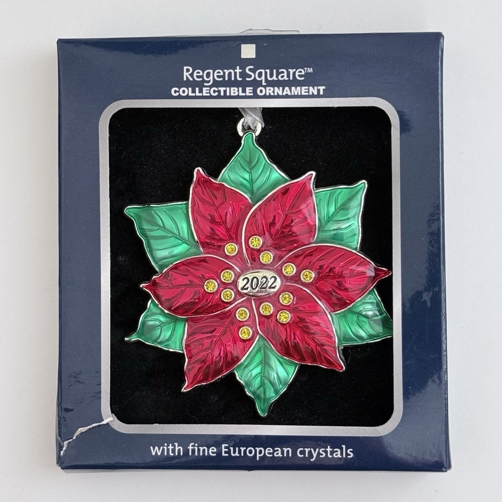 Poinsettia 2022 Ornament w/ Fine EU Crystals 3" x .5" Regent Square NEW IN BOX